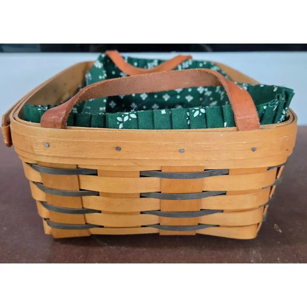 Vintage 1999 Longaberger Rectangle Basket Green Heritage Fabric Liner & Handles